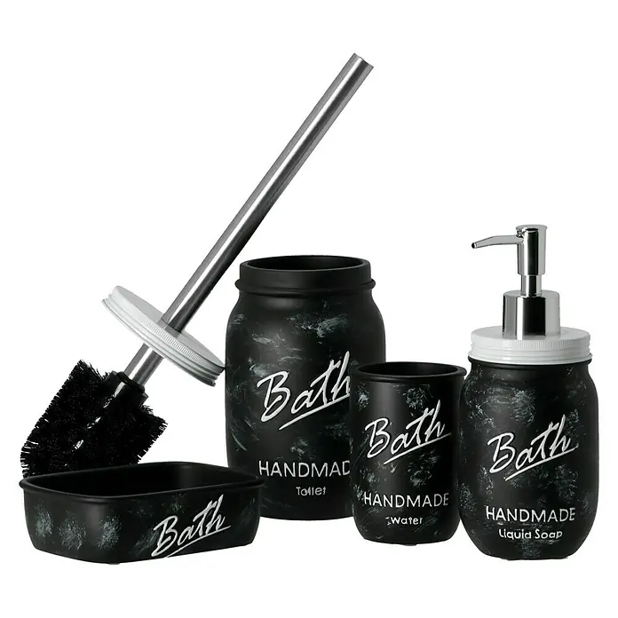 Venus Bath WC-Bürstengarnitur - Polyresin, Schwarz/Weiß - Badezimmer-Set: Handgefertigte Seifenspender, Becher, Toilettenbürste und Seifenablage für stilvolle Badezimmer-Organisation.