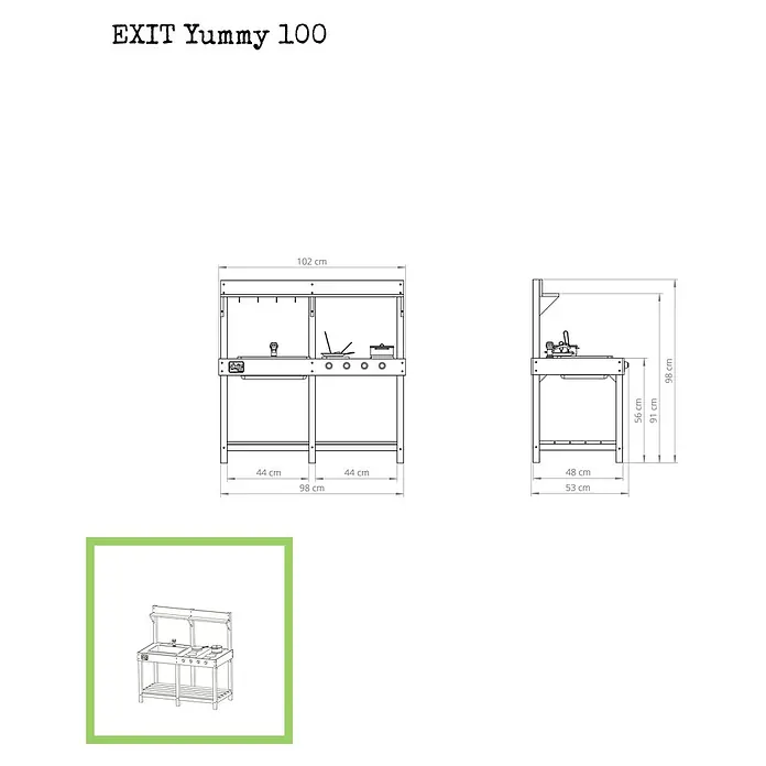 Exit Toys Matschküche Yummy 100 - 53 x 102 x 98 cm, Holz, Natur - Technische Zeichnung der EXIT Yummy 100 Outdoor-Spielküche mit Spüle, Herd und Maßen (102x53x98 cm).