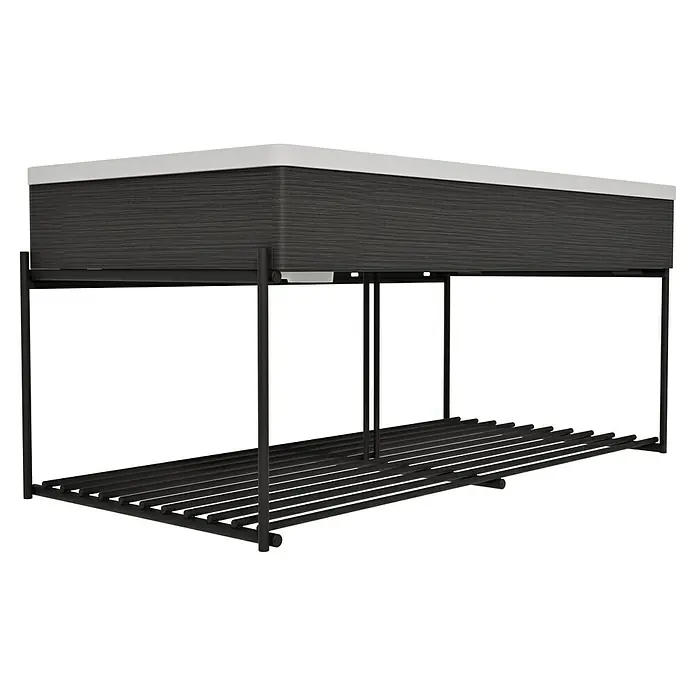 VitrA Equal Badmöbel-Set - Gesamtbreite Badmöbel: 103 cm, Steingrau/Schwarz-Eiche, Matt, 3 -tlg., Mit Gestell - Dunkler Waschtisch mit weißer Platte und schwarzem Metallrahmen mit Lattenrostablage.