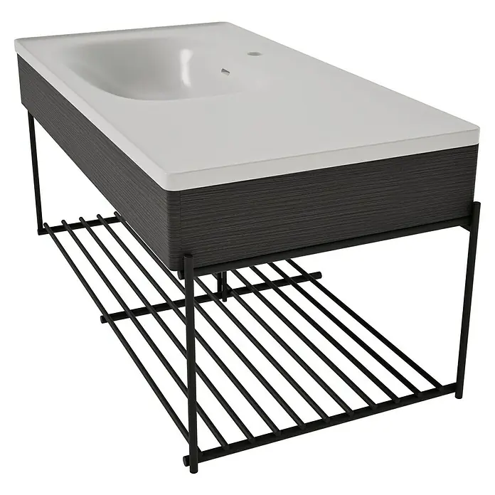 VitrA Equal Badmöbel-Set - Gesamtbreite Badmöbel: 103 cm, Steingrau/Schwarz-Eiche, Matt, 3 -tlg., Mit Gestell - Modernes Badmöbel mit weißem Waschbecken, dunkelgrauem Holzschrank und schwarzem Metallgestell mit Lamellenregal.