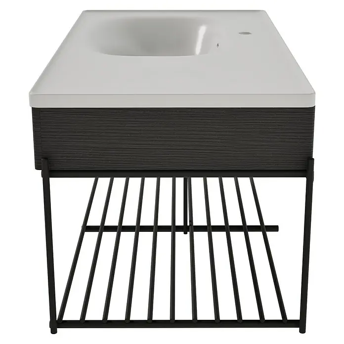 VitrA Equal Badmöbel-Set - Gesamtbreite Badmöbel: 103 cm, Steingrau/Schwarz-Eiche, Matt, 3 -tlg., Mit Gestell - Modernes weißes Waschbeckenunterschrank mit dunkelgrauem texturiertem Schrank und schwarzem Metallgestell mit Ablage.