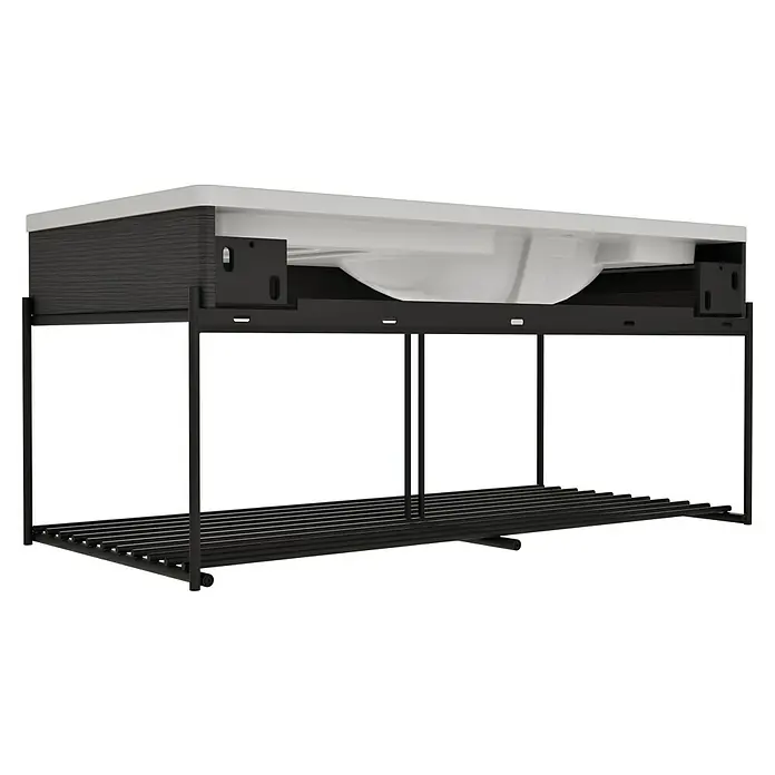 VitrA Equal Badmöbel-Set - Gesamtbreite Badmöbel: 103 cm, Steingrau/Schwarz-Eiche, Matt, 3 -tlg., Mit Gestell - Waschtischunterschrank aus dunklem Holz mit weißem Waschbecken und schwarzem Metallgestell mit Lattenablage.