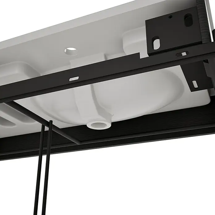 VitrA Equal Badmöbel-Set - Gesamtbreite Badmöbel: 103 cm, Steingrau/Schwarz-Eiche, Matt, 3 -tlg., Mit Gestell - Unterseite eines weißen Waschbeckens mit schwarzem Metallrahmen und Beinen.