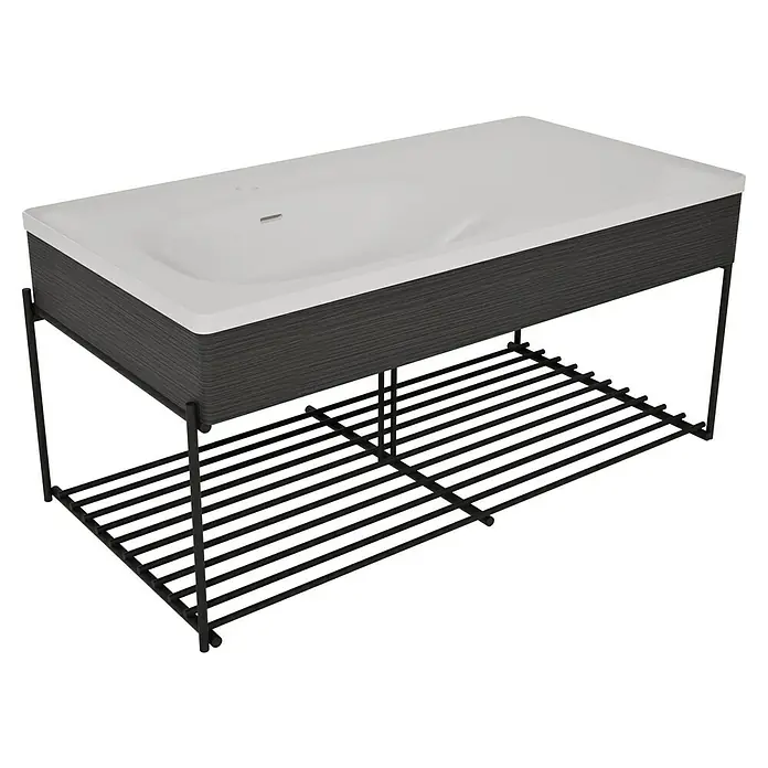 VitrA Equal Badmöbel-Set - Gesamtbreite Badmöbel: 103 cm, Steingrau/Schwarz-Eiche, Matt, 3 -tlg., Mit Gestell - Moderner Waschtisch mit weißem Becken, dunkelgrauem Holz-Unterschrank und schwarzem Metallgestell mit Lamellenablage.