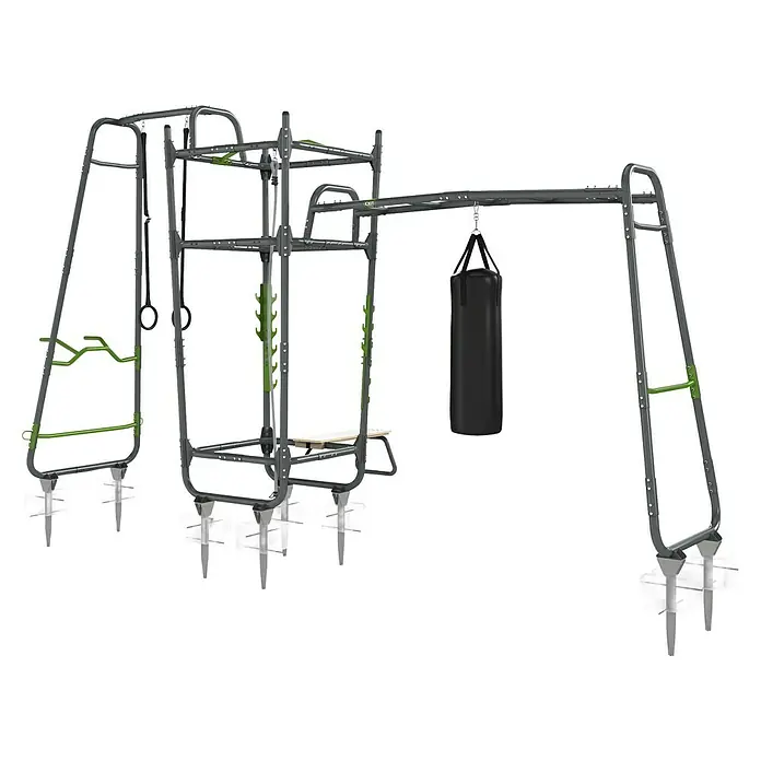 Exit Toys Klettergerüst Getset Powerstation PS610 - 606 x 225 x 322 cm, Stahl, Grau/Grün - Robustes Outdoor-Fitnessgerät aus grauem Metall mit grünen Akzenten, Boxsack, Turnringen und Bodenankern für vielseitiges Training.