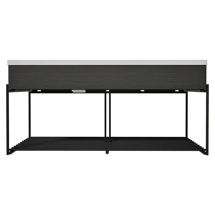 VitrA Equal Badmöbel-Set - Gesamtbreite Badmöbel: 103 cm, Steingrau/Schwarz-Eiche, Matt, 3 -tlg., Mit Gestell - Dunkelgrauer Rollladenschrank in Holzoptik mit weißer Platte, schwarzem Metallgestell, Lattenrost und Rollen.