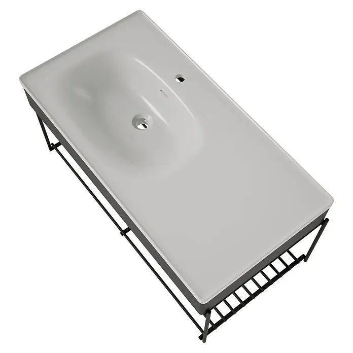VitrA Equal Badmöbel-Set - Gesamtbreite Badmöbel: 103 cm, Steingrau/Schwarz-Eiche, Matt, 3 -tlg., Mit Gestell - Weißes rechteckiges Keramik-Waschbecken mit Hahnloch, montiert auf einem minimalistischen schwarzen Metallrahmen mit integrierter Handtuchablage.