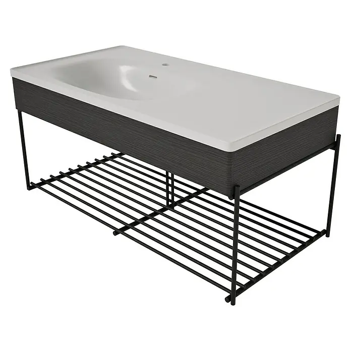 VitrA Equal Badmöbel-Set - Gesamtbreite Badmöbel: 103 cm, Steingrau/Schwarz-Eiche, Matt, 3 -tlg., Mit Gestell - Modernes Badezimmerwaschtisch mit weißem Waschbecken, dunkelgrauem Unterschrank und schwarzem Metallgestell mit Ablage.