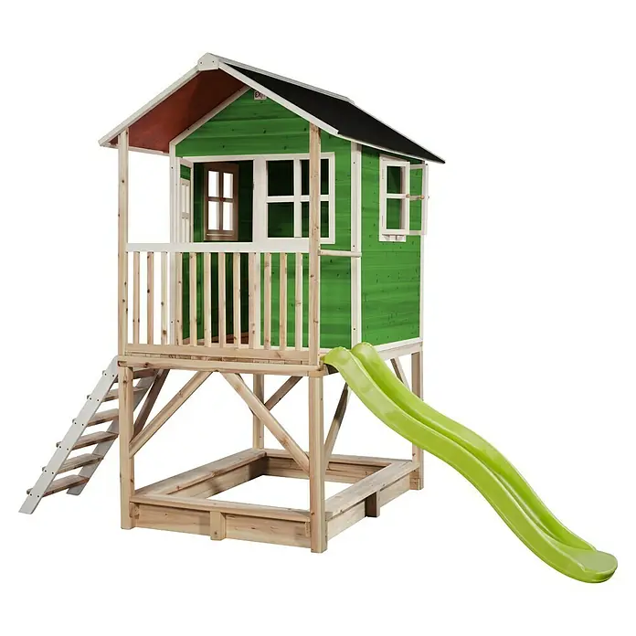 Exit Toys Spielhaus Loft 500 - L x B x H: 329 x 190 x 253 cm, Holz, Grün - Grünes Holzspielhaus auf Stelzen mit Rutsche und integriertem Sandkasten darunter.
