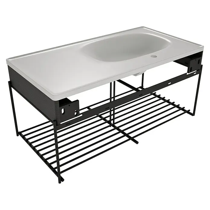 VitrA Equal Badmöbel-Set - Gesamtbreite Badmöbel: 103 cm, Steingrau/Schwarz-Eiche, Matt, 3 -tlg., Mit Gestell - Rechteckiges weißes Waschbecken mit dunkelgrauem Unterschrank auf schwarzem Metallgestell mit Lamellenablage.