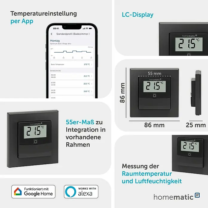 Homematic IP Funk-Temperatursensor HmIP-STHD-A - Anthrazit, L x B x H: 20 x 86 x 86 mm, Batteriebetrieben, IP20 - Schwarzer Smart-Raumthermostat mit LC-Display (21,5°C), app-steuerbar, zur Integration in vorhandene 55mm-Rahmen. Misst Temperatur und Luftfeuchtigkeit.