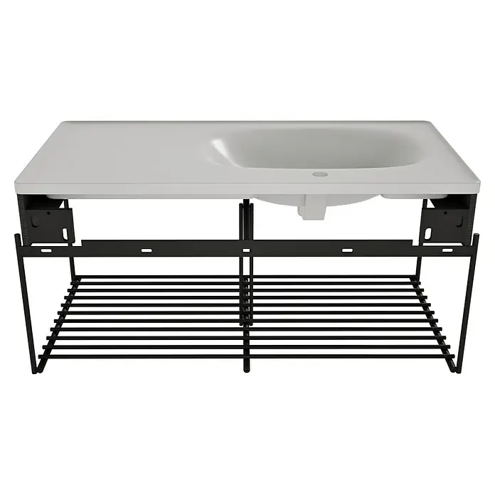 VitrA Equal Badmöbel-Set - Gesamtbreite Badmöbel: 103 cm, Steingrau/Schwarz-Eiche, Matt, 3 -tlg., Mit Gestell - Weißes Keramik-Waschbecken mit integrierter Arbeitsplatte und schwarzem Metallgestell als Ablage.
