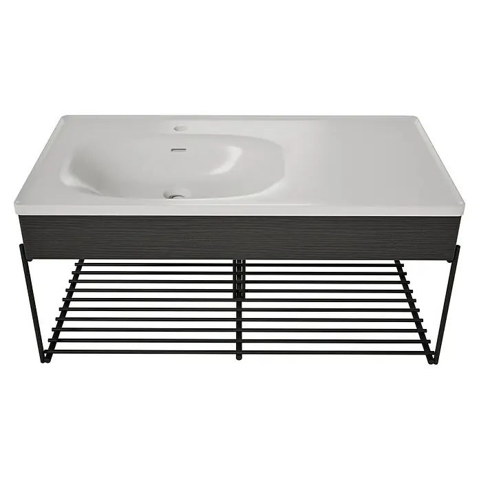 VitrA Equal Badmöbel-Set - Gesamtbreite Badmöbel: 103 cm, Steingrau/Schwarz-Eiche, Matt, 3 -tlg., Mit Gestell - Integriertes weißes Waschbecken auf dunklem Holz-Waschtisch mit schwarzem Metallgestell und Lattenrost.