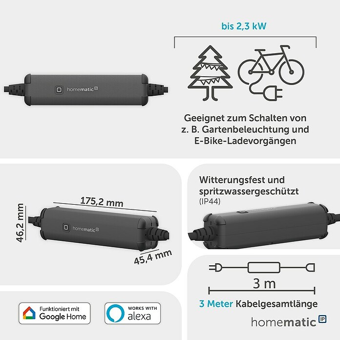 Homematic IP Smart-Steckdose Schalt-Mess-Kabel außen (IP44, Schwarz, 4,62 cm) | BAUHAUS