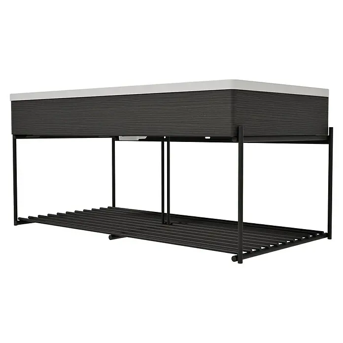 VitrA Equal Badmöbel-Set - Gesamtbreite Badmöbel: 103 cm, Steingrau/Schwarz-Eiche, Matt, 3 -tlg., Mit Gestell - Modernes schwebendes Waschtischunterschrank in Dunkelgrau mit Holzmaserung, weißer Platte und schwarzem Metallgestell mit integrierter Lamellenablage.