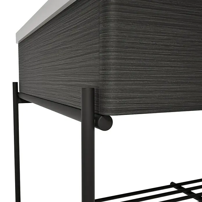 VitrA Equal Badmöbel-Set - Gesamtbreite Badmöbel: 103 cm, Steingrau/Schwarz-Eiche, Matt, 3 -tlg., Mit Gestell - Dunkelgrauer Waschtischunterschrank mit Holzmaserung, weißer Platte und schwarzem Metallgestell.