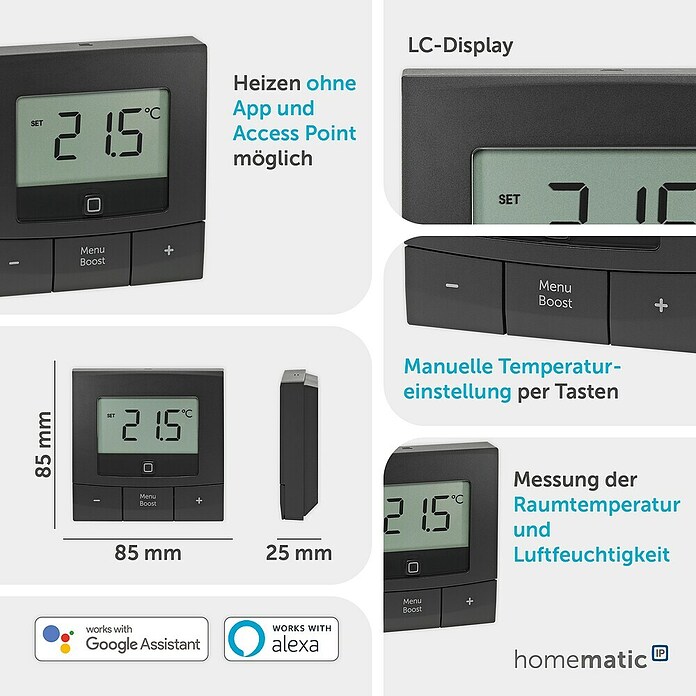 Homematic IP Funk-Raumthermostat HmIP-WTH-B (Anthrazit, Batteriebetrieben, 22 x 85 x 85 mm) | BAUHAUS
