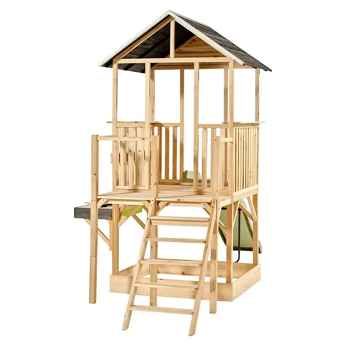 Exit Toys Spielhaus Panorama 550 - L x B x H: 347 x 146 x 230 cm, Holz, Natur - Spielhaus aus hellem Holz mit erhöhter Plattform, Leiter, Geländer, Dach und Rutsche für Kinderspiele.