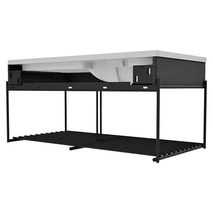 VitrA Equal Badmöbel-Set - Gesamtbreite Badmöbel: 103 cm, Steingrau/Schwarz-Eiche, Matt, 3 -tlg., Mit Gestell - Untersicht eines Waschtischunterschranks mit weißem Waschbecken, dunklem Holzschrank, schwarzem Metallrahmen und Lattenrost.