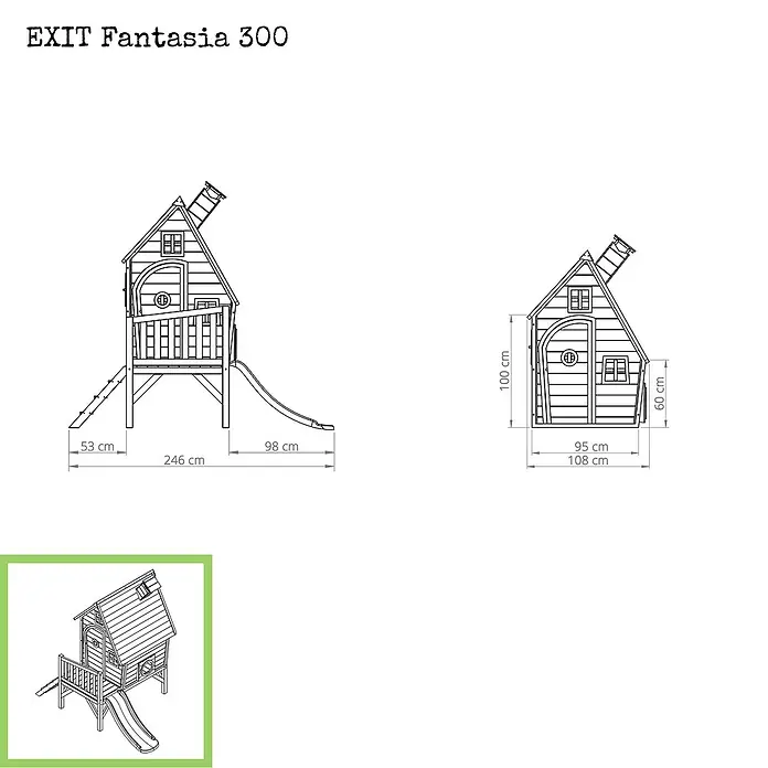 Exit Toys Spielhaus Fantasia 300 - L x B x H: 246 x 166 x 227 cm, Holz, Rot - EXIT Fantasia 300 Holzspielhaus mit Rutsche und Leiter, detaillierte Abmessungen.