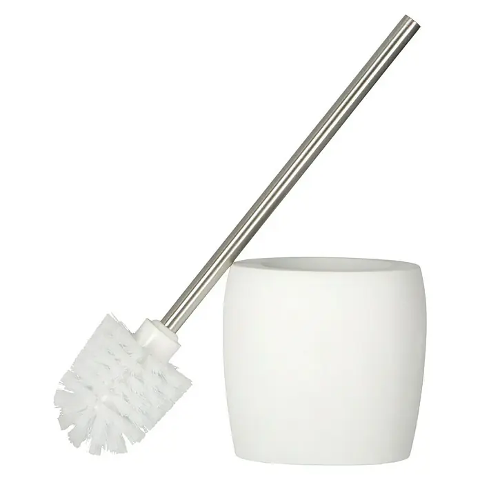 Venus Flakoni WC-Bürstengarnitur - Weiß, Polyresin - Eine Toilettenbürste mit Halter. Die Bürste hat einen silbernen Griff und weiße Borsten. Der Halter ist weiß und zylinderförmig.
