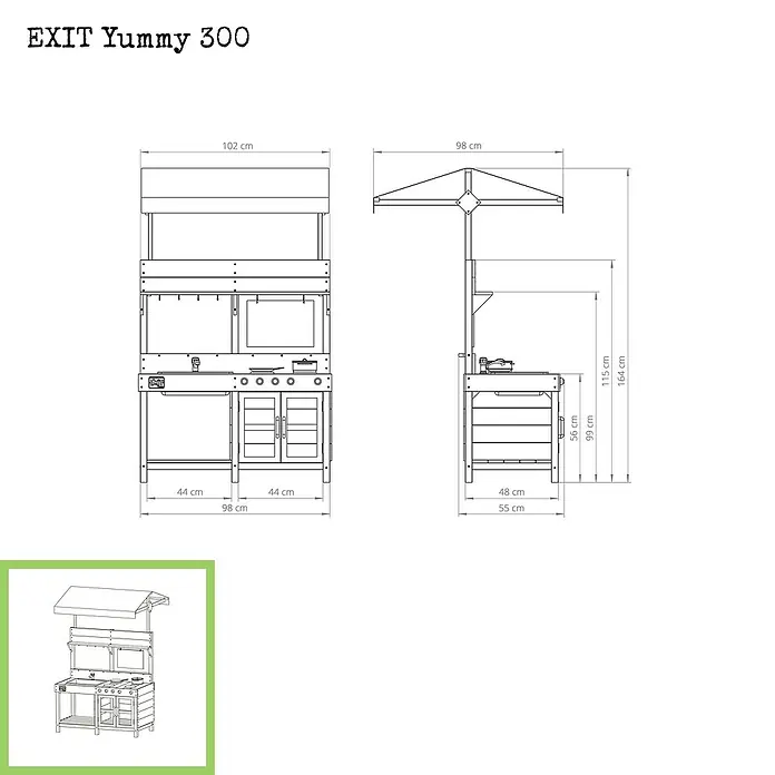 Exit Toys Matschküche Yummy 300 - 98 x 102 x 164 cm, Holz, Natur - Technische Zeichnung einer hölzernen Spielküche, der EXIT Yummy 300, mit Vordach und verschiedenen Abmessungen.