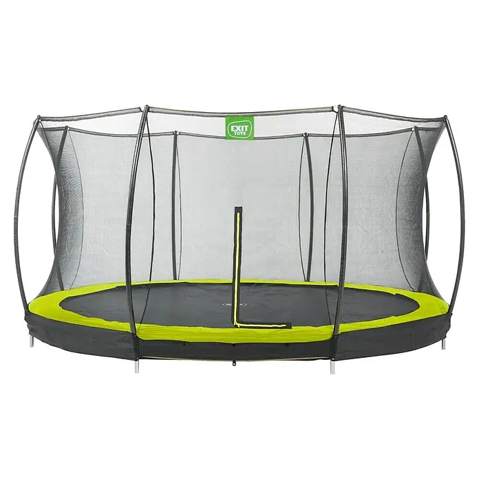 Exit Toys Trampolin Silhouette Bodentrampolin mit Sicherheitsnetz - Durchmesser: 427 cm, Grün - Längliches Trampolin mit grauem Sprungtuch, limettengrüner Randabdeckung und schwarzem Sicherheitsnetz.