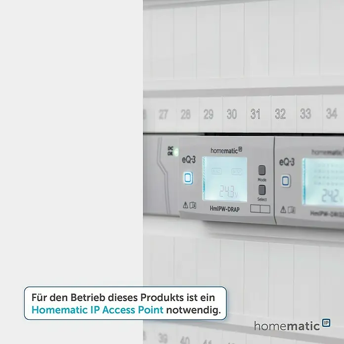 Homematic IP Bewegungsmelder mit Schaltaktor - Anthrazit, 1.150 W - Weißes Homematic IP HmIPW-DRAP Modul mit Digitalanzeige (24,3V), in einem Schaltschrank montiert.