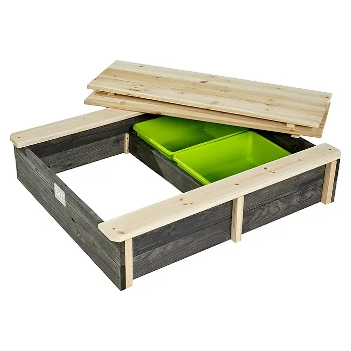 Exit Toys Sandkasten Aksent Behälter - 94 x 77 x 20 cm, Holz, Grau - Holzsandkasten mit dunkelgrauem Rahmen, hellen Holzbänken und Deckel, sowie zwei hellgrünen Plastikbehältern.