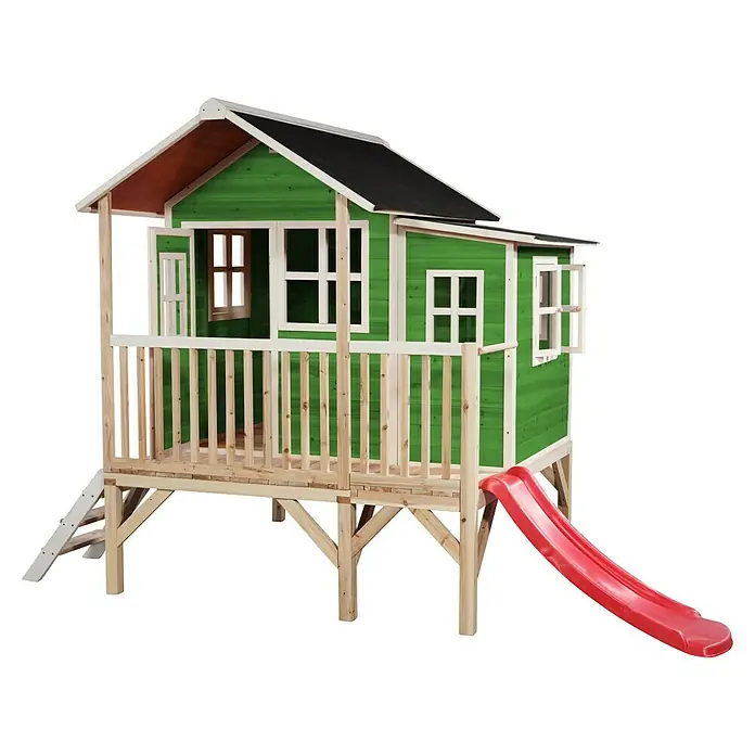 Exit Toys Spielhaus Loft 350 - L x B x H: 322 x 190 x 215 cm, Holz, Grün - Grünes Holzspielhaus mit weißem Besatz, naturbelassenen Holzpfählen und Geländer, sowie einer roten Rutsche.