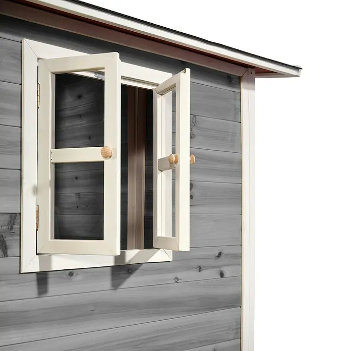 Exit Toys Spielhaus Loft 500 - L x B x H: 329 x 190 x 253 cm, Holz, Grau - Graue Holzhüttenwand mit geöffnetem, hellfarbenem Holzfenster, zwei Flügeln und Holzknöpfen.