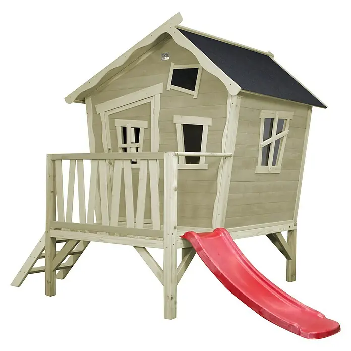 Exit Toys Spielhaus Crooky 300 - L x B x H: 269 x 184 x 227 cm, Holz, Grau/Beige - Hölzernes Spielhaus auf Stelzen mit schwarzem Dach, roter Rutsche und Leiter.