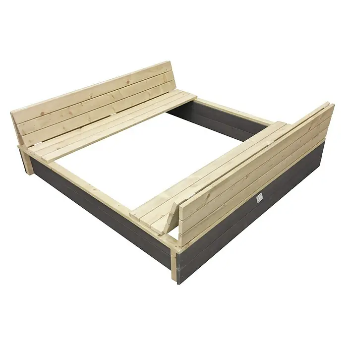Exit Toys Sandkasten Aksent Sitzbank - 136 x 132 x 20 cm, Holz, Grau - Sandkasten aus hellem Holz mit dunkelgrauem Sockel und integrierten klappbaren Bänken, die als Abdeckung dienen.