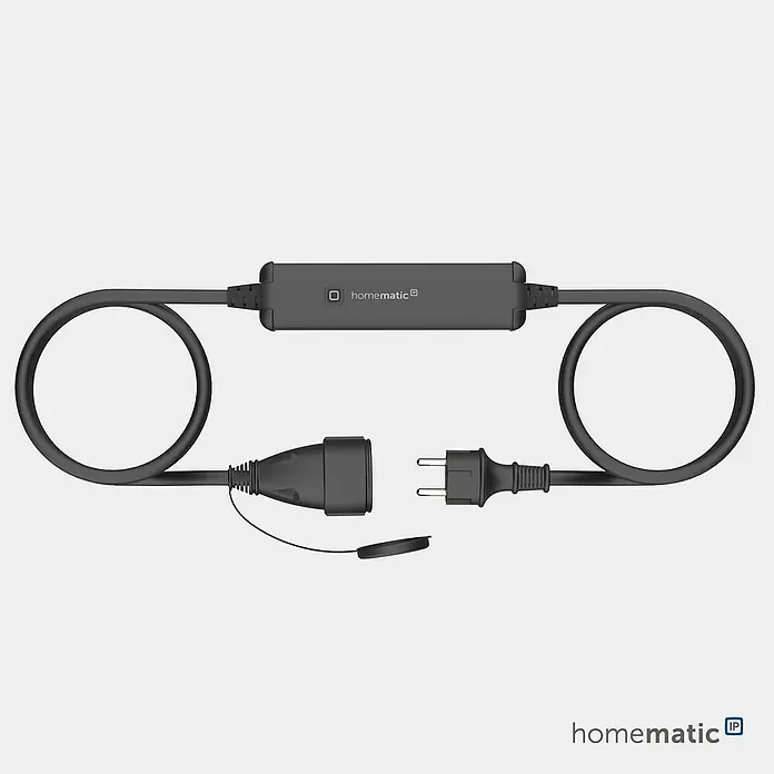 Homematic IP Smart-Steckdose Schalt-Mess-Kabel außen - IP44, Schwarz, 4,62 cm - Dunkelgrauer Homematic IP Smart Plug mit Kabel, Zentralmodul und europäischem Stecker und Buchse mit Schutzkappe.