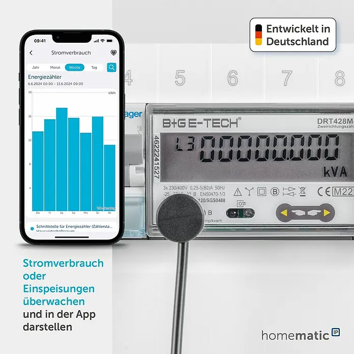 Homematic IP Kontakt-Schnittstelle HmIP-ESI-LED für digitale Stromzähler - Batteriebetrieben - Smartphone-App zeigt Energieverbrauchsdaten von einem B+G E-TECH Stromzähler, verbunden über einen schwarzen Sensor.