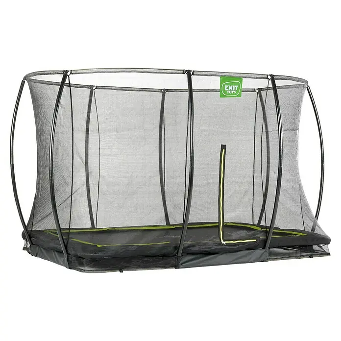 Exit Toys Trampolin Silhouette Bodentrampolin mit Sicherheitsnetz - Schwarz, 366 x 244 x 203 cm - Dunkelgraues Trampolin mit Sicherheitsnetz und lindgrünen Akzenten.
