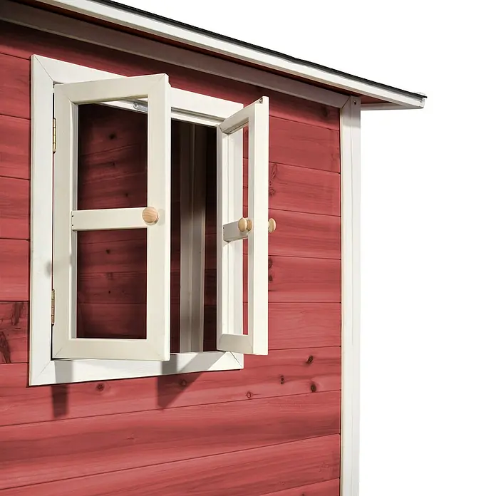 Exit Toys Spielhaus Loft 150 - L x B x H: 188 x 149 x 159 cm, Holz, Rot - Offenes weißes Fenster mit Holzgriffen an einer roten Holzwand.