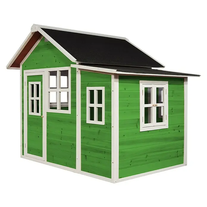 Exit Toys Spielhaus Loft 150 - L x B x H: 188 x 149 x 159 cm, Holz, Grün - Grünes Holzspielhaus mit weißen Rahmen, Tür und Verkleidung, mit schwarzem Dach.