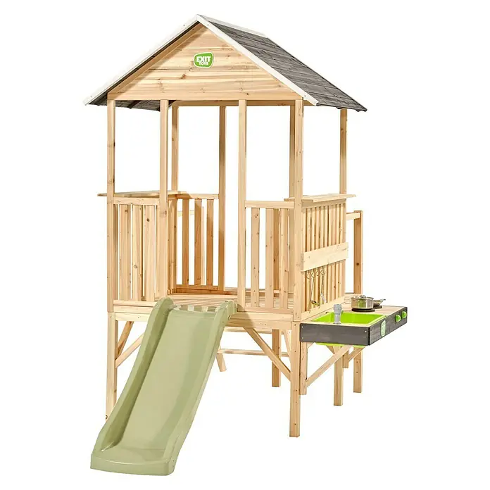 Exit Toys Spielhaus Panorama 350 - L x B x H: 267 x 146 x 203 cm, Holz, Natur - Spielhaus aus Holz mit erhöhter Plattform, hellgrüner Rutsche und angeschlossener Matschküche mit Spülbecken.