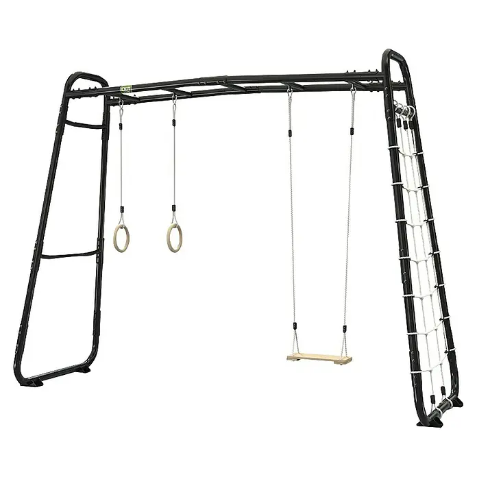 Exit Toys Klettergerüst GetSet Monkeybar MB210 - 331 x 115 x 248 cm, Stahl, Schwarz - Schwarzes Metall-Spielgerüst mit Turnringen, Holzschaukel und weißer Strickleiter.