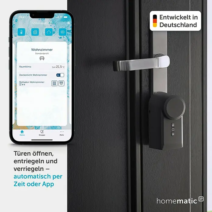 Homematic IP Funk-Türschlossantrieb HmIP-DLD-A - Anthrazit, Batteriebetrieben, 36 x 56 x 118 mm - Homematic Smart-Home-App auf einem Telefon steuert ein dunkles Smart-Türschloss für automatisches Öffnen und Verriegeln von Türen. In Deutschland entwickelt.