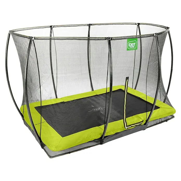 Exit Toys Trampolin Silhouette Bodentrampolin mit Sicherheitsnetz - Grün, 366 x 244 x 203 cm - Rechteckiges Trampolin mit schwarzer Sprungmatte, leuchtend grüner Sicherheitsabdeckung und schwarzem Sicherheitsnetz.