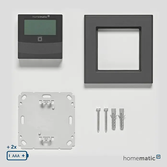 Homematic IP Funk-Temperatursensor HmIP-STHD-A - Anthrazit, L x B x H: 20 x 86 x 86 mm, Batteriebetrieben, IP20 - Dunkelgraue Smart-Home-Steuereinheit mit Display, Montagerahmen, Grundplatte, Schrauben und Dübeln. Benötigt 2 AAA-Batterien.