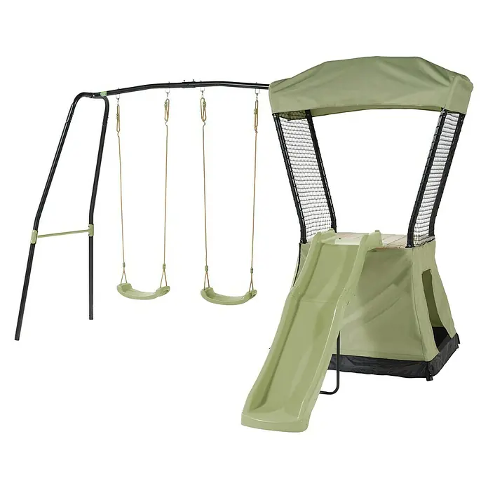 Exit Toys Spielhaus Ivy - L x B x H: 253 x 340 x 216 cm, Holz, Grün/Schwarz, Mit Rutsche und Doppelschaukel - Grünes und schwarzes Metallschaukelset mit drei Schaukeln, Spielzelt und Rutsche.
