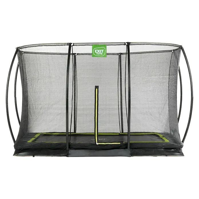 Exit Toys Trampolin Silhouette Bodentrampolin mit Sicherheitsnetz - Schwarz, 366 x 244 x 203 cm - Rechteckiges Trampolin mit schwarzem Sicherheitsnetz und neongrünen Akzenten, mit EXIT TOYS Logo.