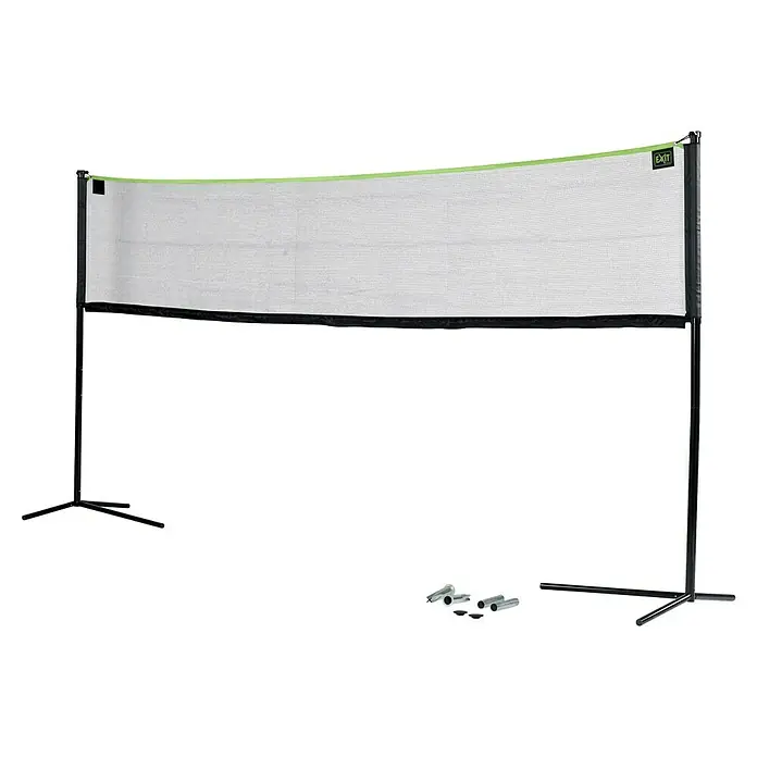 Exit Toys Sportnetz - Höhenverstellbar, 500 x 243 cm, Stahl - Tragbares Badmintonnetz-Set mit schwarzem Metallrahmen, weißem Netz und hellgrünem oberen Band, mit Montageteilen gezeigt.