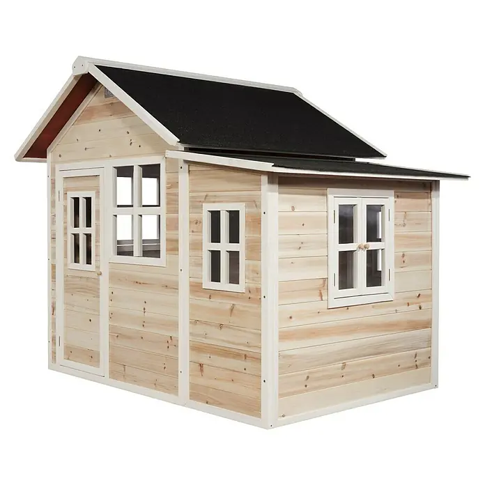 Exit Toys Spielhaus Loft 150 - L x B x H: 188 x 149 x 159 cm, Holz, Natur - Helles Holzspielhaus mit weißem Rahmen und schwarzem Dach, mit mehreren Fenstern und einer Tür.