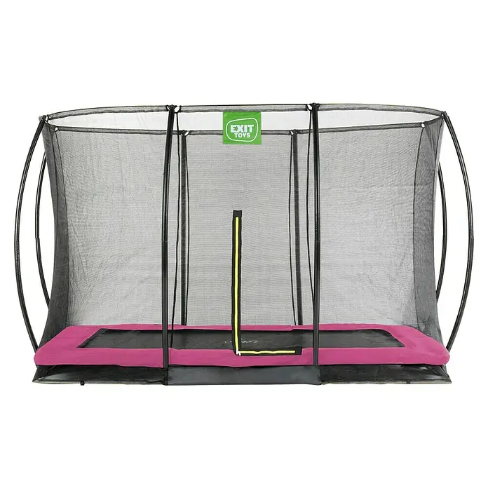Exit Toys Trampolin Silhouette Bodentrampolin mit Sicherheitsnetz - Rosa, 305 x 214 x 203 cm - Rechteckiges schwarzes Trampolin mit Sicherheitsnetz, violetter Polsterung und gelbem Reißverschlusszugang.