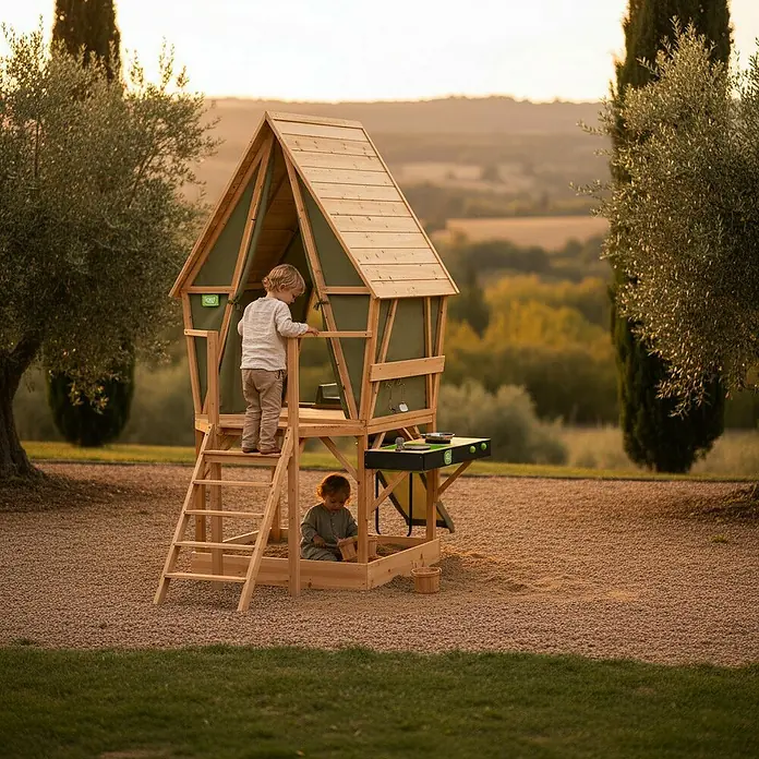 Exit Toys Spielhaus Yuki 550 - L x B x H: 337 x 148 x 246 cm, Holz, Natur/Grün - Holzspielhaus mit grünen Stoffakzenten und integriertem Sandkasten, mit spielenden Kindern.