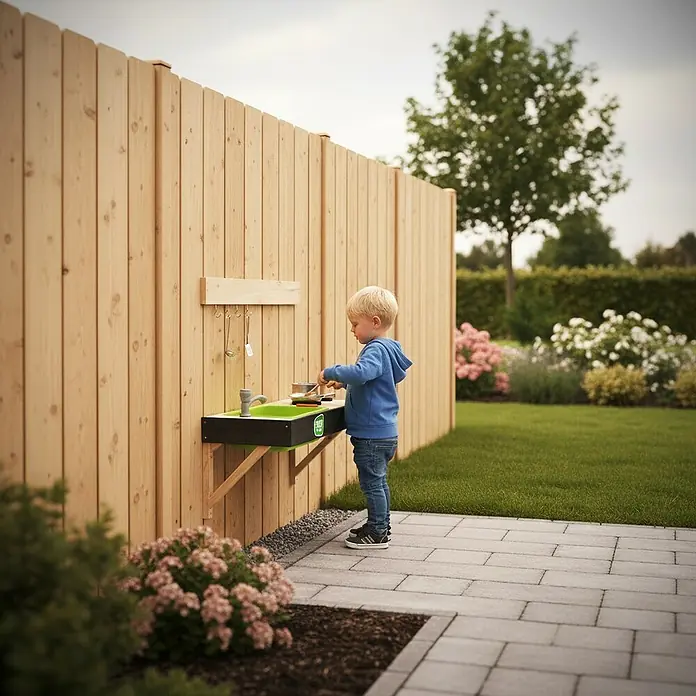Exit Toys Matschküche Yummy 50 - 34 x 90 x 35 cm, Holz, Natur - Ein kleines Kind spielt mit einer Outdoor-Matschküche mit grüner Spüle und schwarzem Rahmen, an einem Holzzaun montiert.
